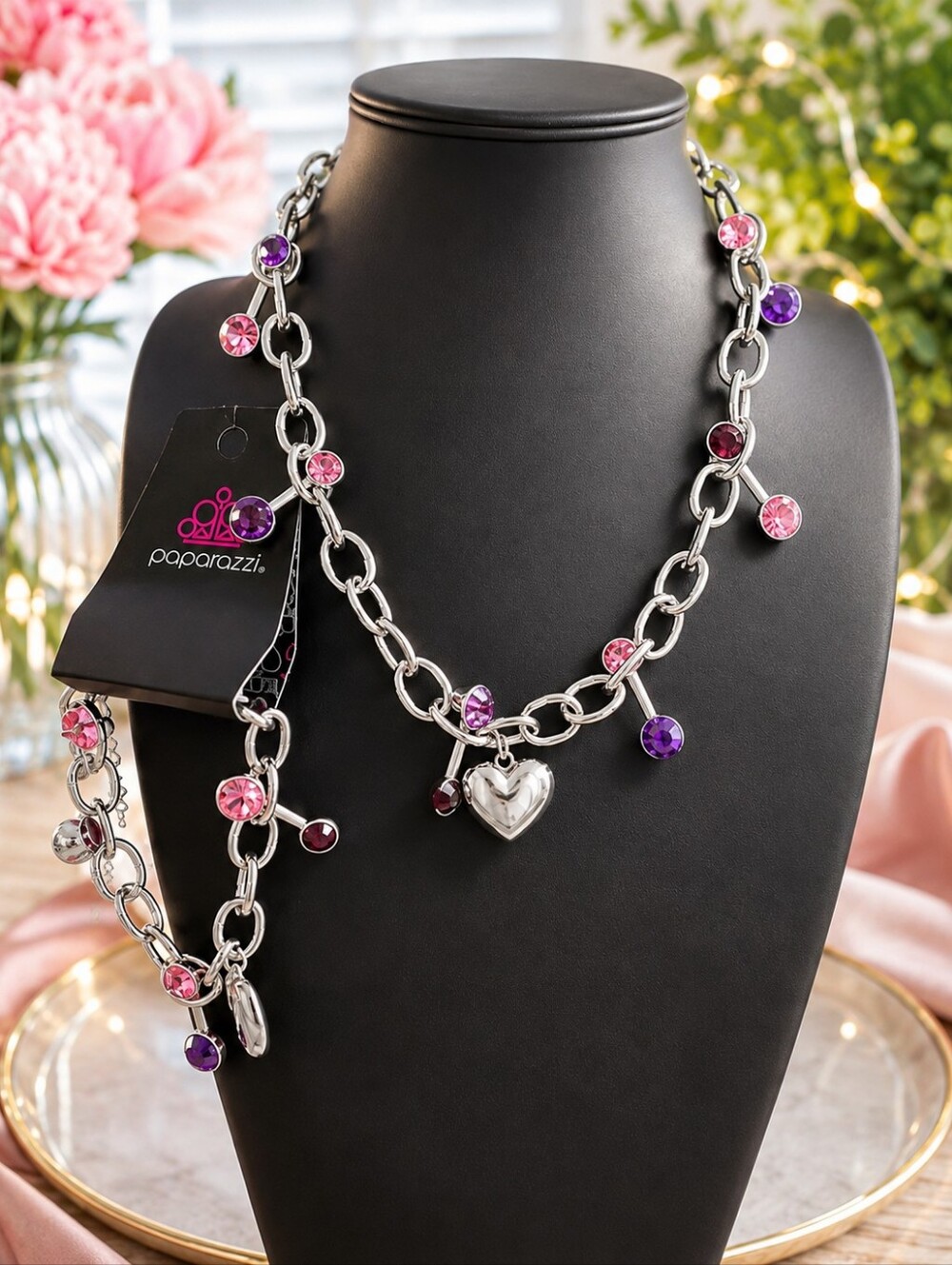 Paparazzi Silver-Tone Necklace & Bracelet Set With Pink & Purple Gems